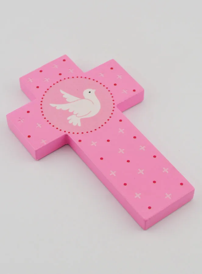 Holy Spirit Dove Child Pink Wood Cross - 12 cm (pic 3)