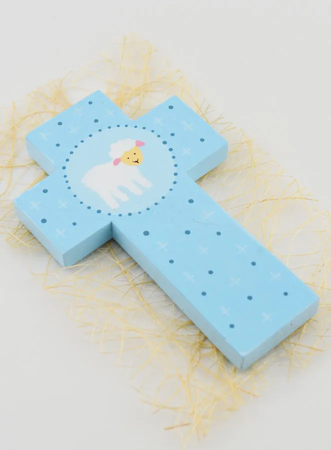 Little Sheep Child Blue Wood Cross - 12 cm (pic 3)