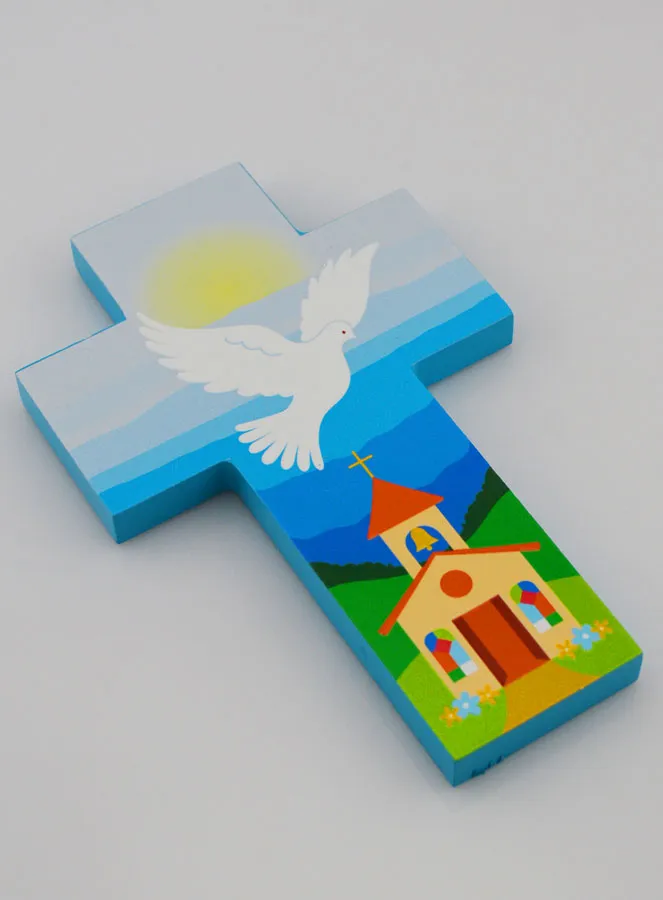 Holy Spirit Dove & Church Child Wood Cross - Blue (pic 3)