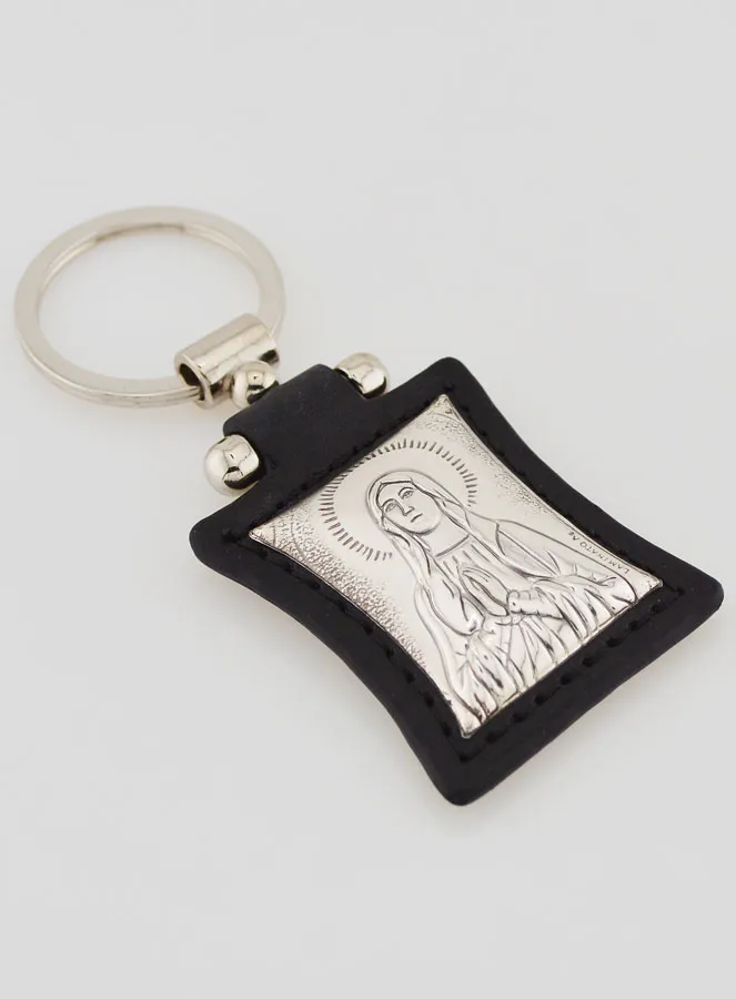 Our Lady of Lourdes Black Leather Key Chain & Silver Medal (pic 3)
