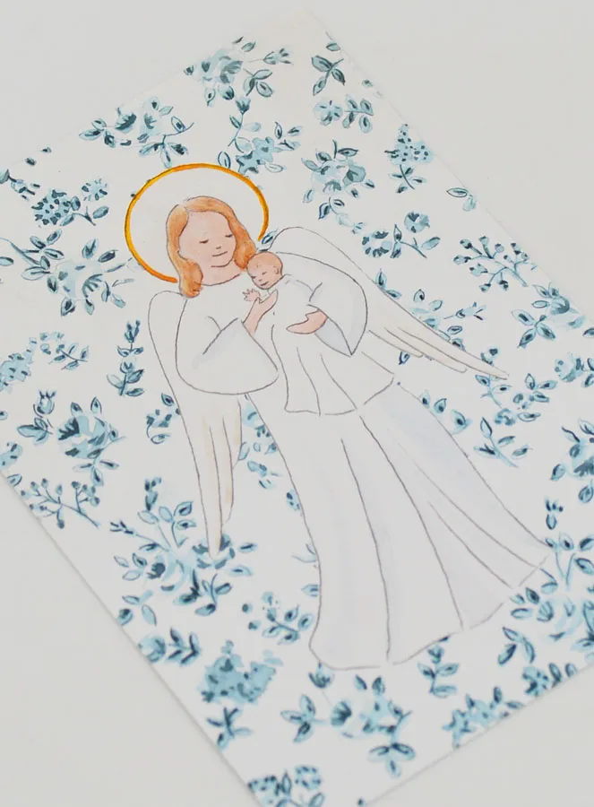 Baptism Card - Protective Guardian Angel - Blue Roses (pic 3)