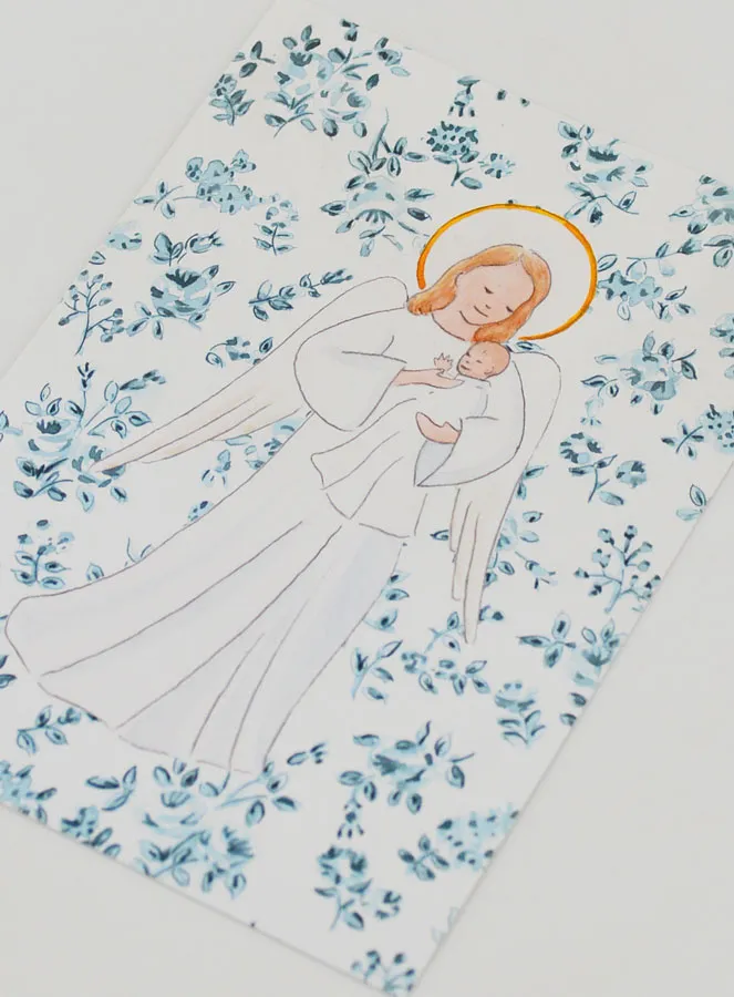 Baptism Card - Protective Guardian Angel - Blue Roses (pic 4)