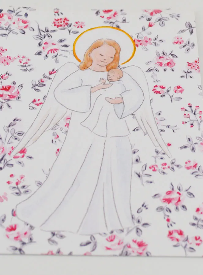 Baptism Card - Protective Guardian Angel - Pink Flowers (pic 2)