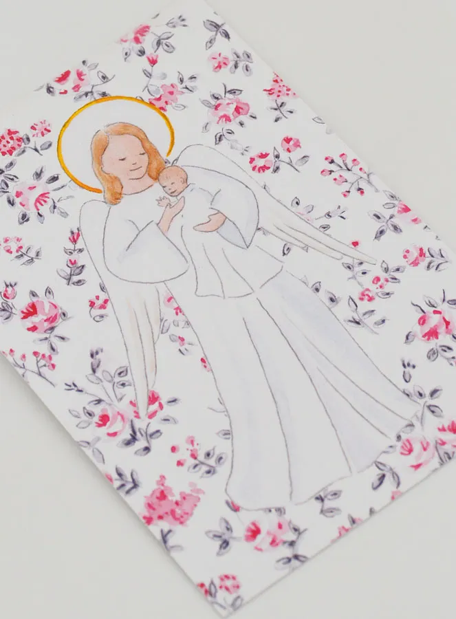 Baptism Card - Protective Guardian Angel - Pink Flowers (pic 3)