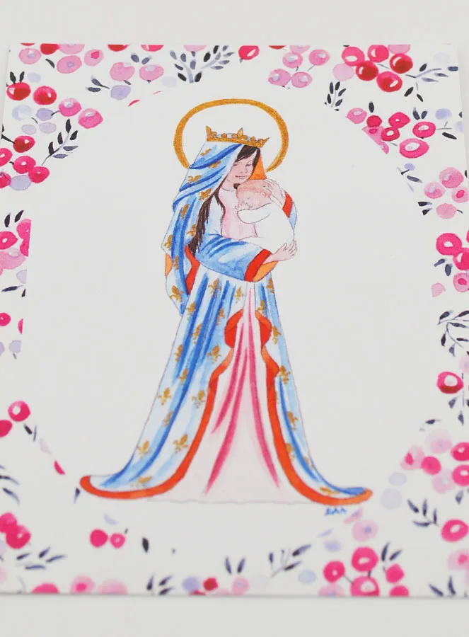 Baptism Card - Crowned Virgin with Lily - Fushia (pic 2)