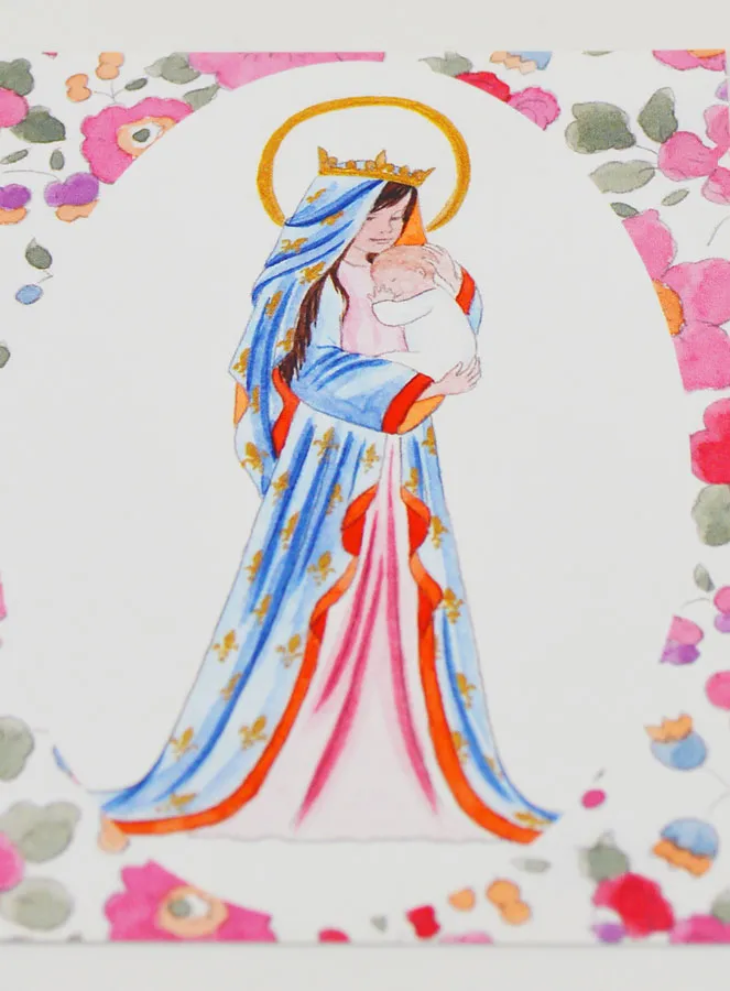 Baptism Card - Crowned Virgin with Lily - Pink Flowers (pic 2)