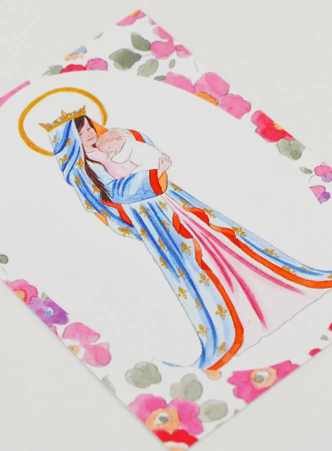 Baptism Card - Crowned Virgin with Lily - Pink Flowers (pic 3)