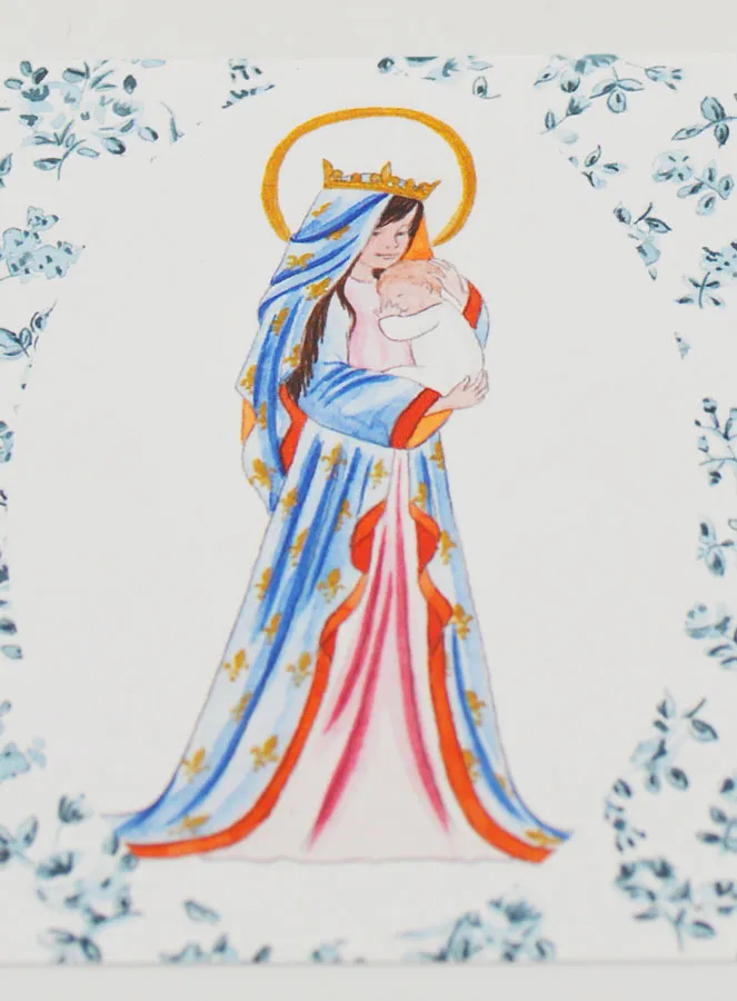 Baptism Card - Crowned Virgin with Lily - Blue Roses (pic 2)