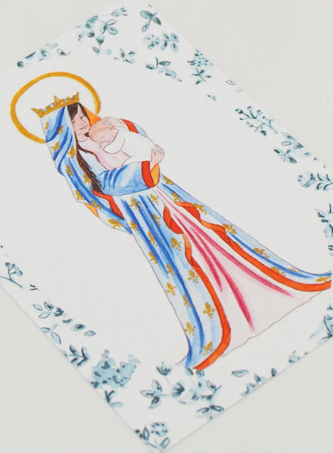 Baptism Card - Crowned Virgin with Lily - Blue Roses (pic 3)