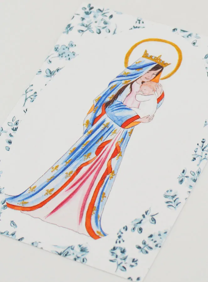 Baptism Card - Crowned Virgin with Lily - Blue Roses (pic 4)