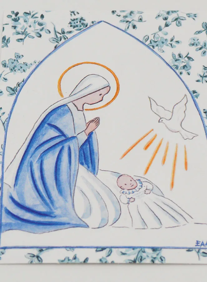 Baptism Card - Virgin Mary & Holy Spirit Dove - Blue Flowers (pic 2)