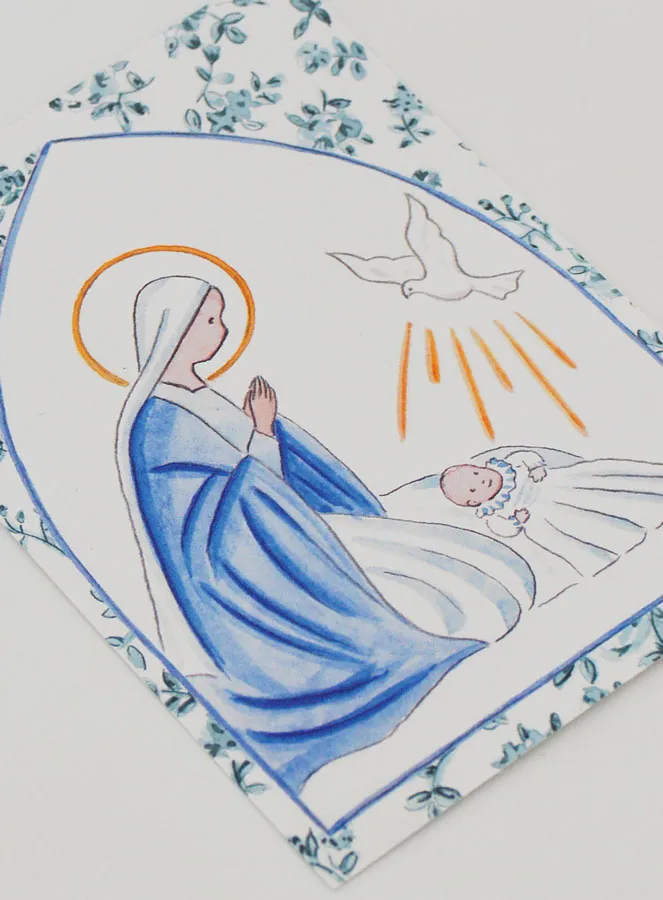 Baptism Card - Virgin Mary & Holy Spirit Dove - Blue Flowers (pic 3)