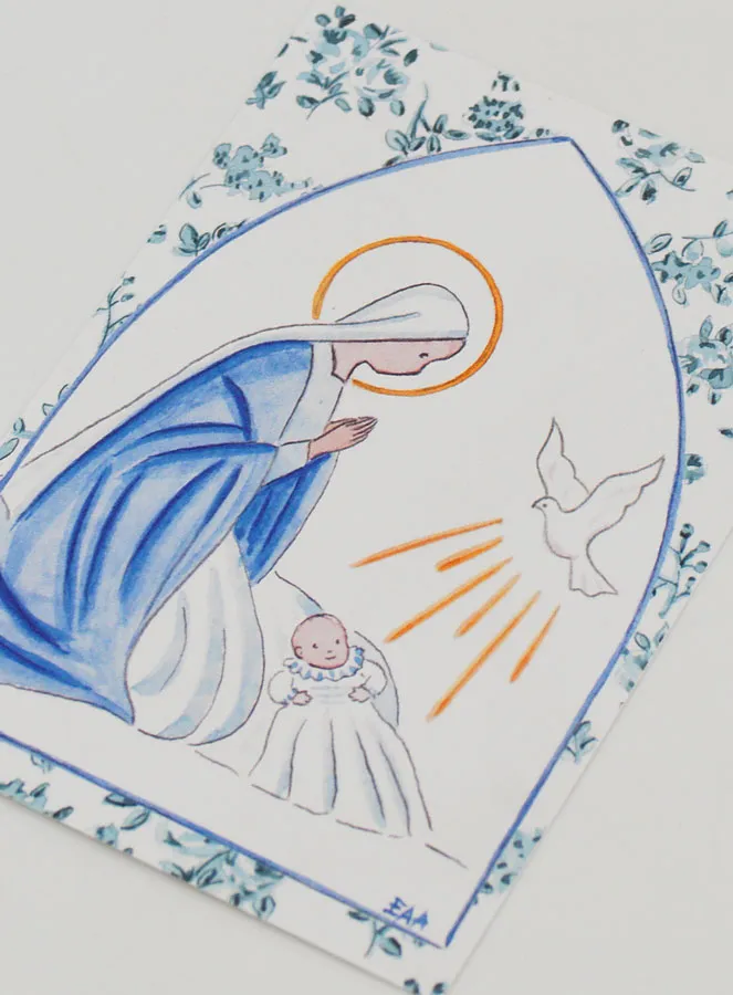 Baptism Card - Virgin Mary & Holy Spirit Dove - Blue Flowers (pic 4)