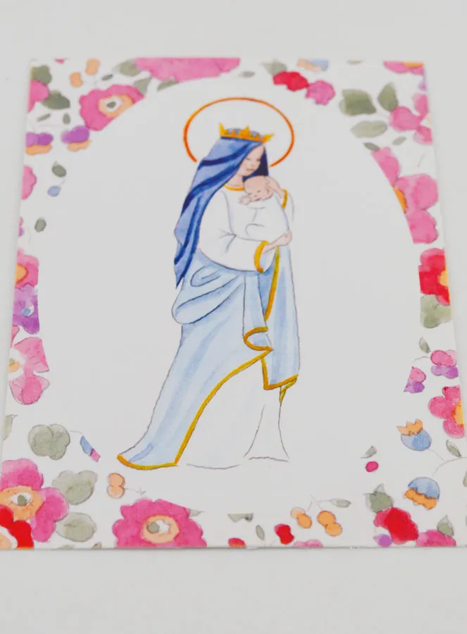 Baptism Card - Crowned Virgin with Baby Jesus - Pink Flowers (pic 2)