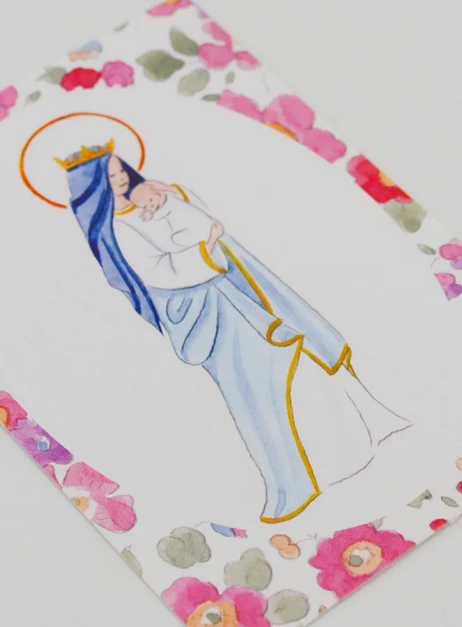 Baptism Card - Crowned Virgin with Baby Jesus - Pink Flowers (pic 3)