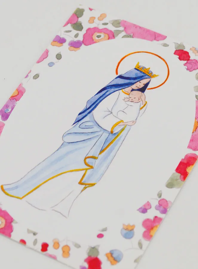 Baptism Card - Crowned Virgin with Baby Jesus - Pink Flowers (pic 4)