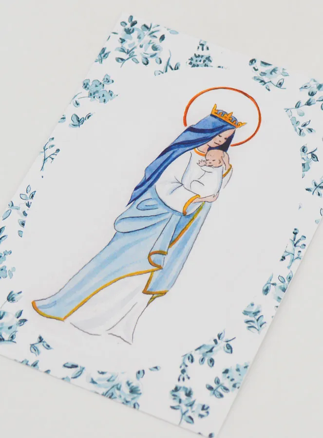 Baptism Card - Crowned Virgin with Baby Jesus - Blue Roses Flowers (pic 4)