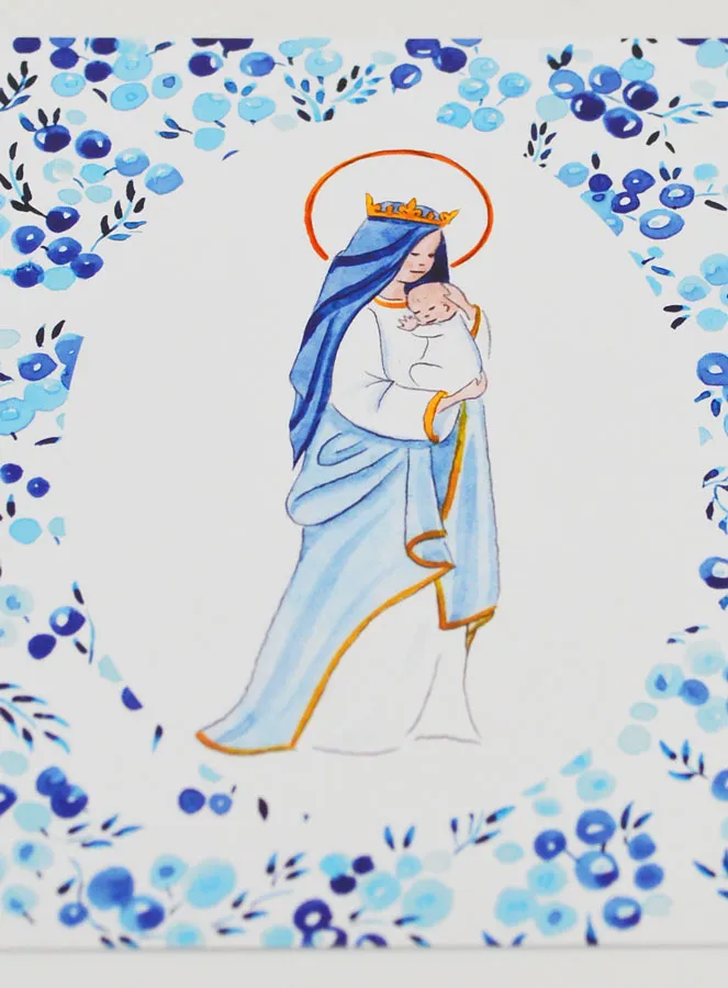 Baptism Card - Crowned Virgin with Baby Jesus - Blue Oval Border (pic 2)