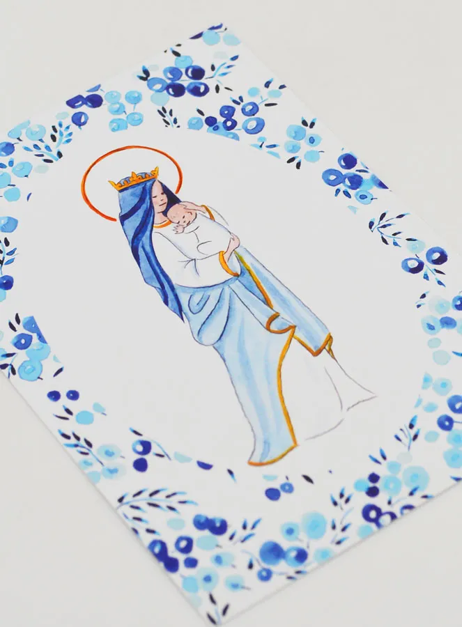 Baptism Card - Crowned Virgin with Baby Jesus - Blue Oval Border (pic 3)