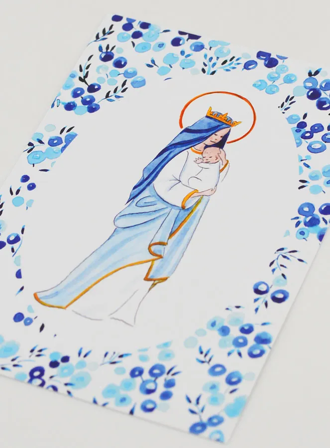 Baptism Card - Crowned Virgin with Baby Jesus - Blue Oval Border (pic 4)