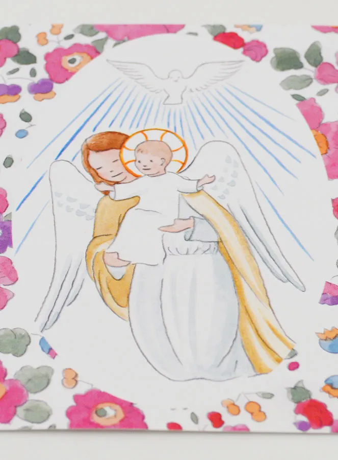 Baptism Card - Protective Guardian Angel & Holy Spirit - Pink Flowers (pic 2)
