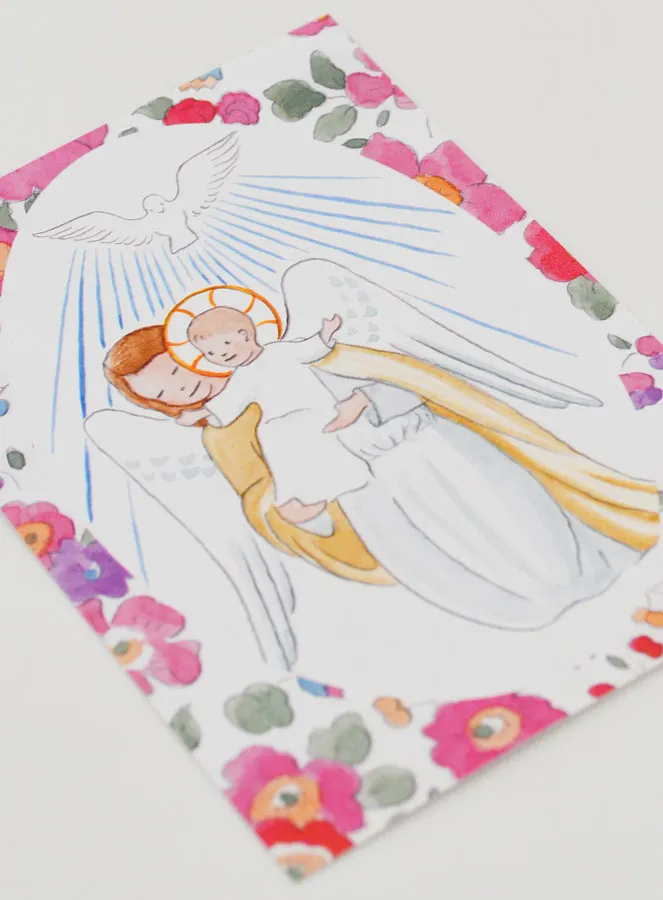 Baptism Card - Protective Guardian Angel & Holy Spirit - Pink Flowers (pic 3)