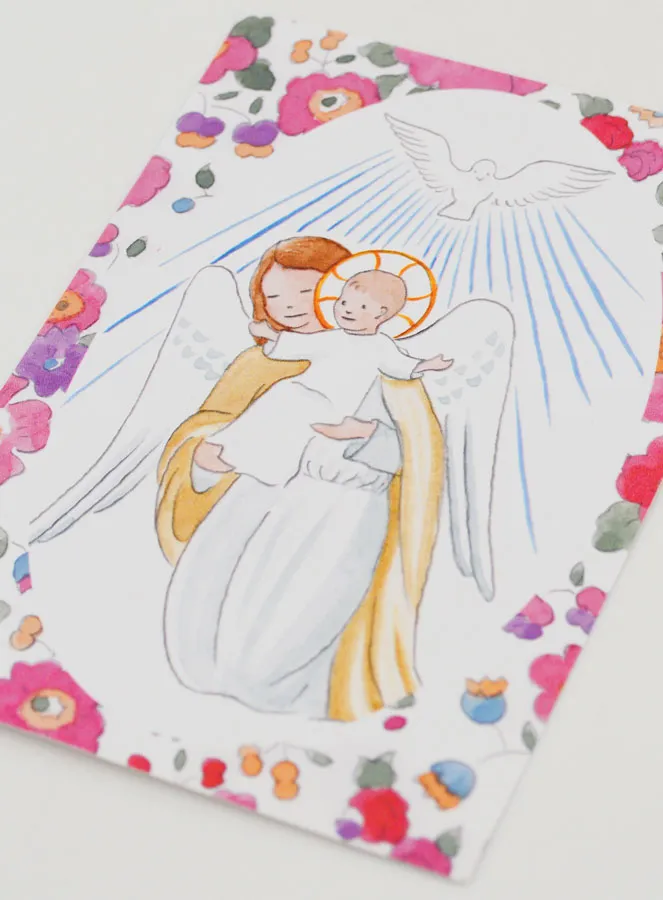 Baptism Card - Protective Guardian Angel & Holy Spirit - Pink Flowers (pic 4)