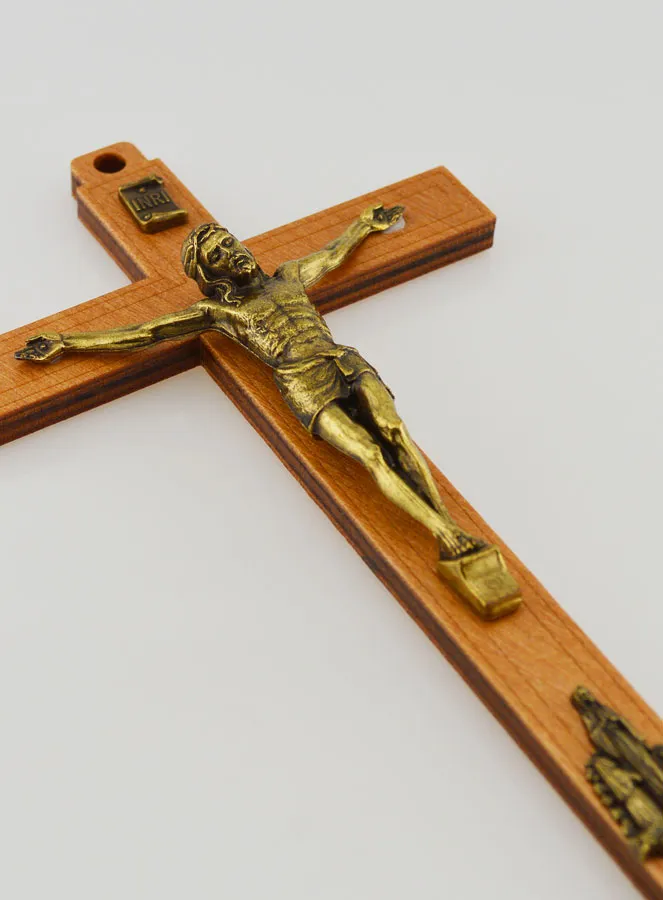 Wood Crucifix with Appearances of Lourdes - Golden 16 cm (pic 3)