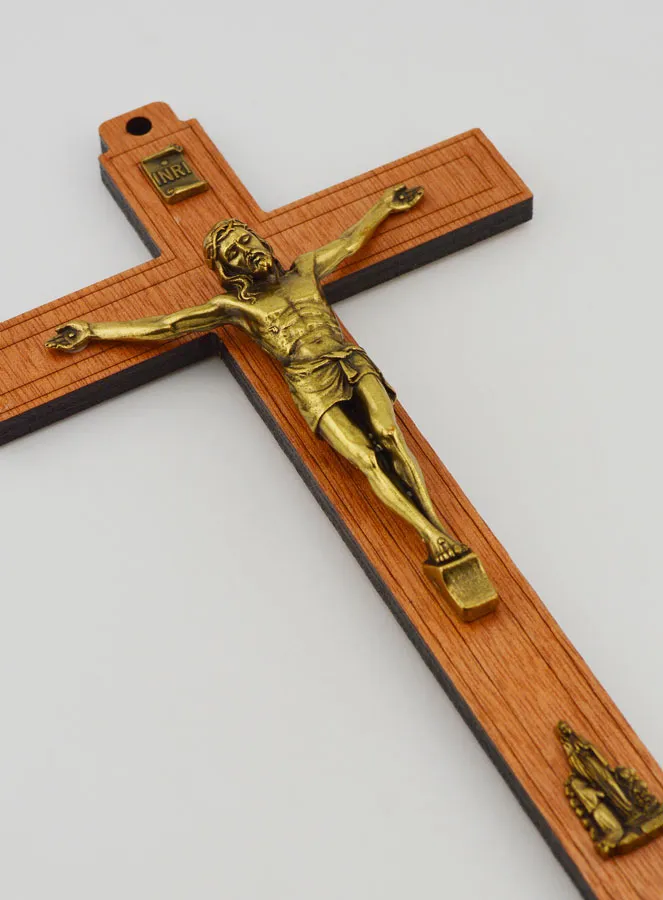 Wood Crucifix with Appearances of Lourdes - Golden 21 cm (pic 3)