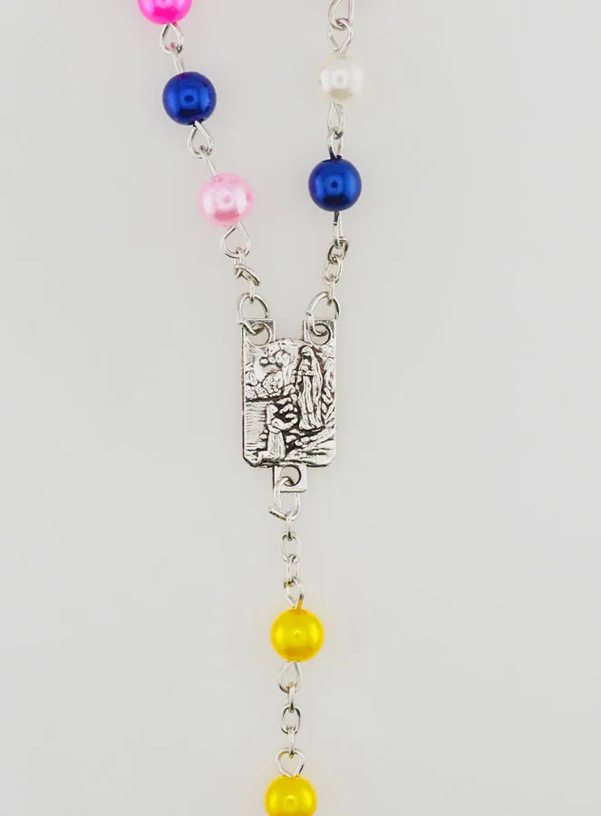 Rosary with Multicoloured Beads on a Silvery Chain -60cm (pic 3)