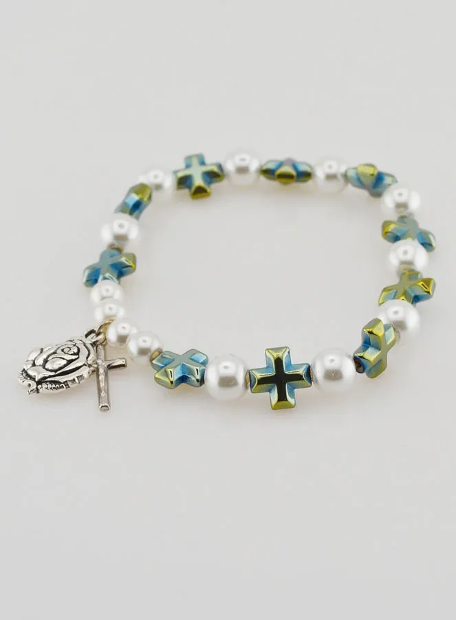 Green Pearl Cross & Beads Decade Rosary Bracelet (pic 3)