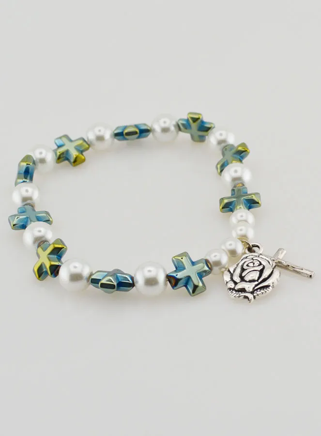 Green Pearl Cross & Beads Decade Rosary Bracelet (pic 4)