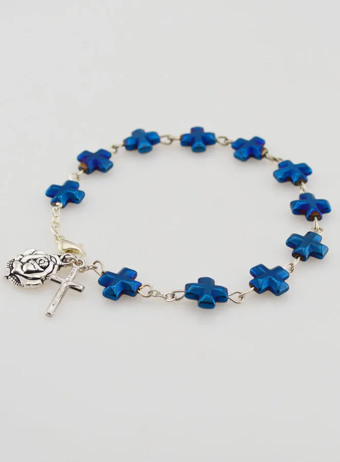 Blue Pearl Cross & Beads Decade Rosary Bracelet (pic 3)
