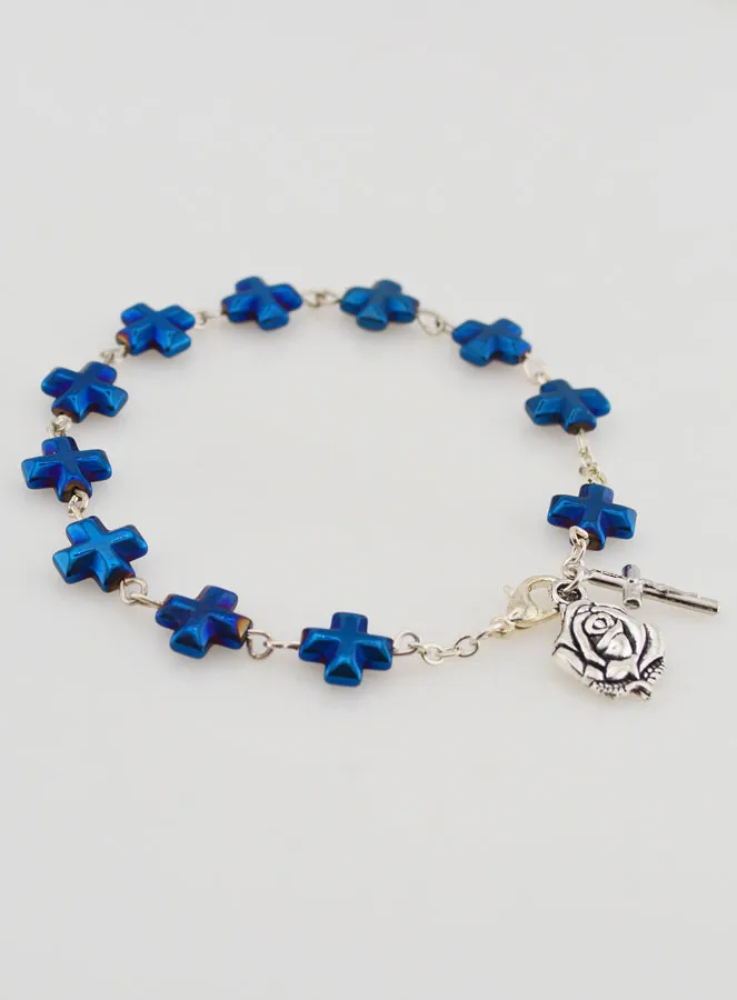 Blue Pearl Cross & Beads Decade Rosary Bracelet (pic 4)