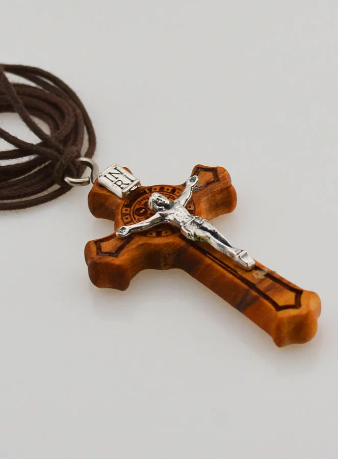 Saint Benedict Olive Wood Cross + Cord (pic 3)