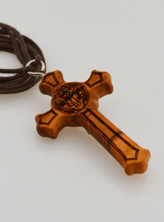 Saint Benedict Olive Wood Cross + Cord (pic 4)