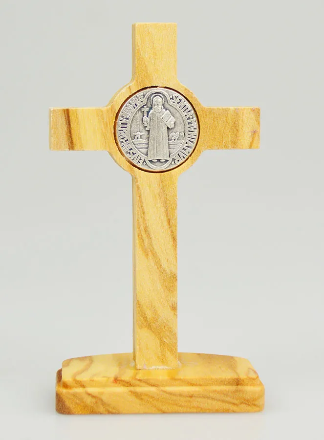 Saint Benedict Olive Wood Crucifix on Base (pic 4)