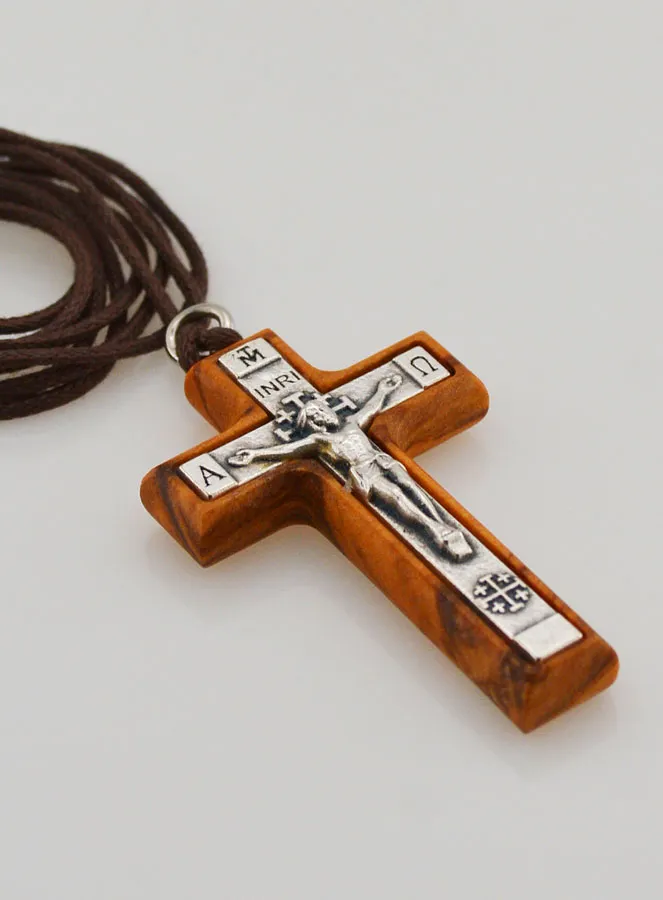 Olive Wood Cross Pendant with Silvery Christ (pic 3)