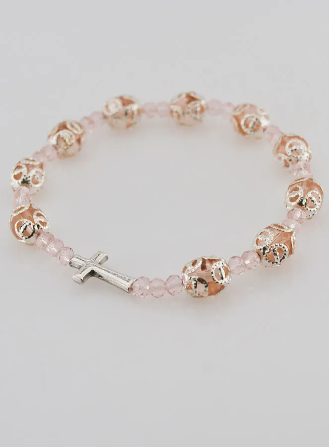 Pink Sculpted Beads Decade Rosary Bracelet on elastic (pic 3)