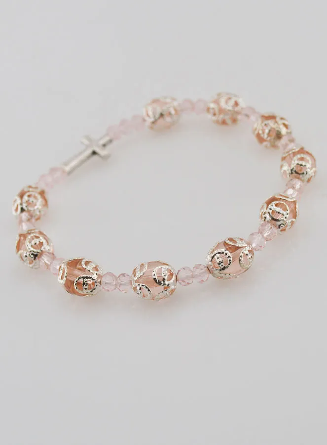 Pink Sculpted Beads Decade Rosary Bracelet on elastic (pic 4)