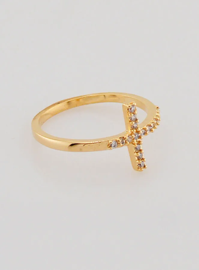 Zircons & Cross Ring - Gold Plated - Size 58 (pic 3)