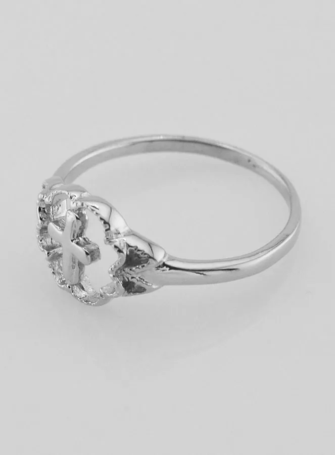 Solid Silver Flower & Cross Ring - Size 58 (pic 3)