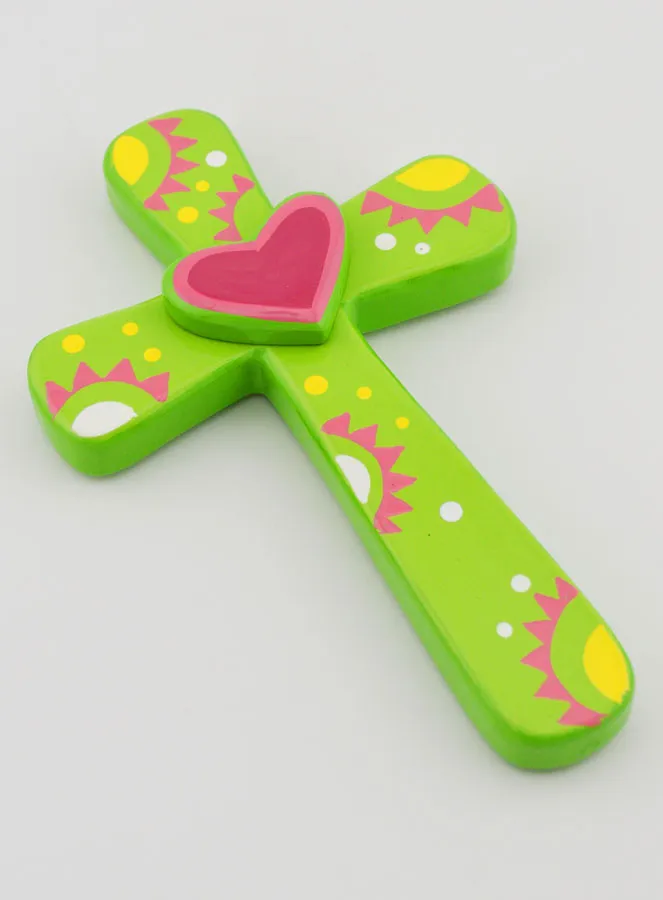 Wood Cross - Green - Pink Heart (pic 3)