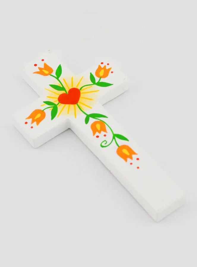 Wood Cross - Love Heart & Orange Flowers (pic 3)