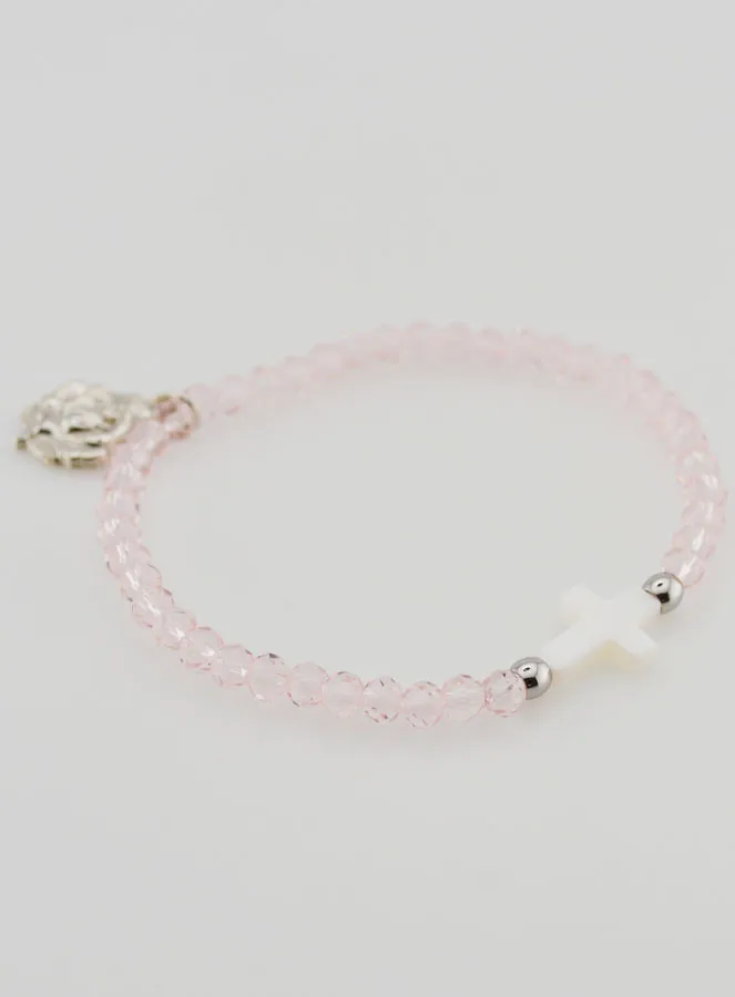 Pink Crystal Religious Bracelet with Mother of Pearl Cross (pic 3)