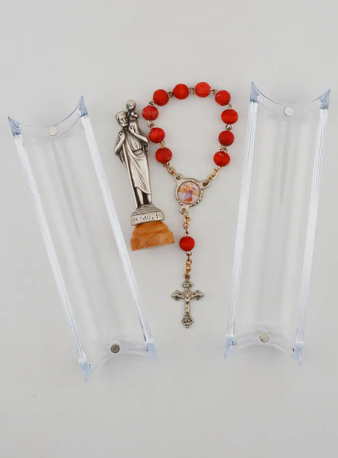 Saint Christopher Statue on Base & its Rosewood Rosary Decade Ring (pic 4)