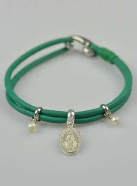 Green Leather Jewel Bracelet - Miraculous Virgin Silver Medal (pic 1)