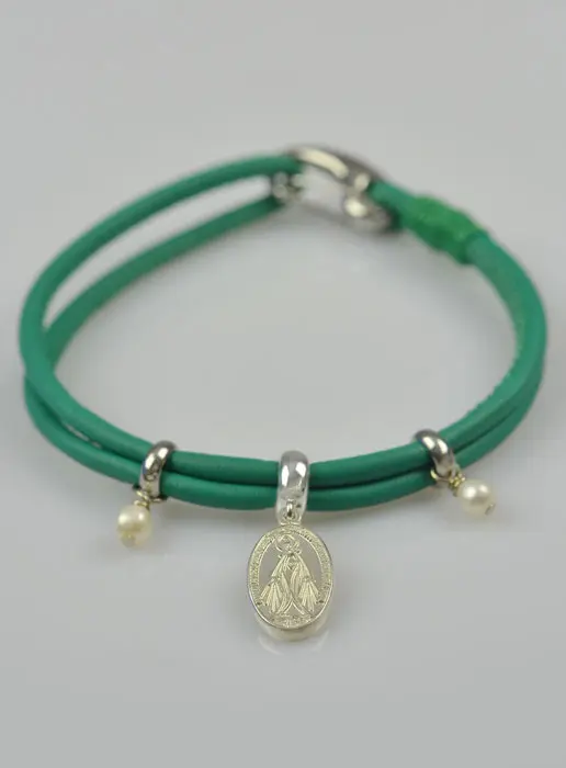 Green Leather Jewel Bracelet - Miraculous Virgin Silver Medal (pic 2)