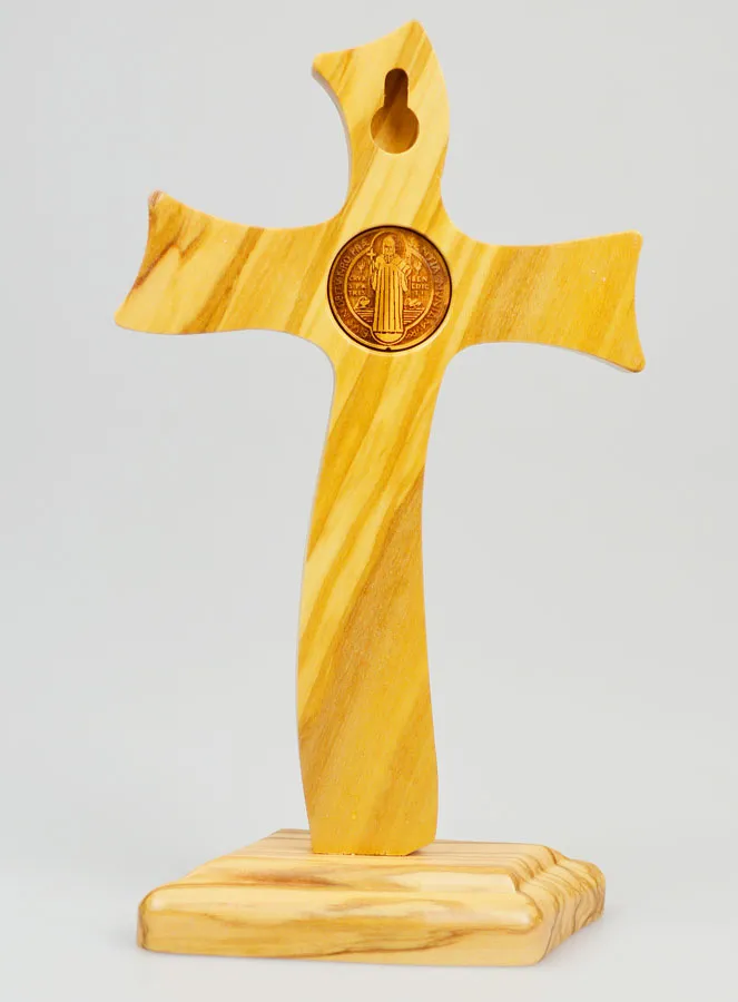 Saint Benedict Olive Wood Cross on Base - 18 cm (pic 4)