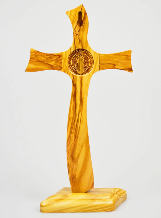 Saint Benedict Olive Wood Cross on Base - 28 cm (pic 4)